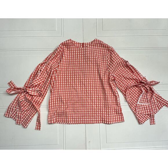 Style Mafia Tops - Style Mafia Seersucker Red Plaid Checker Blouse Long Tie Sleeves Size Medium M